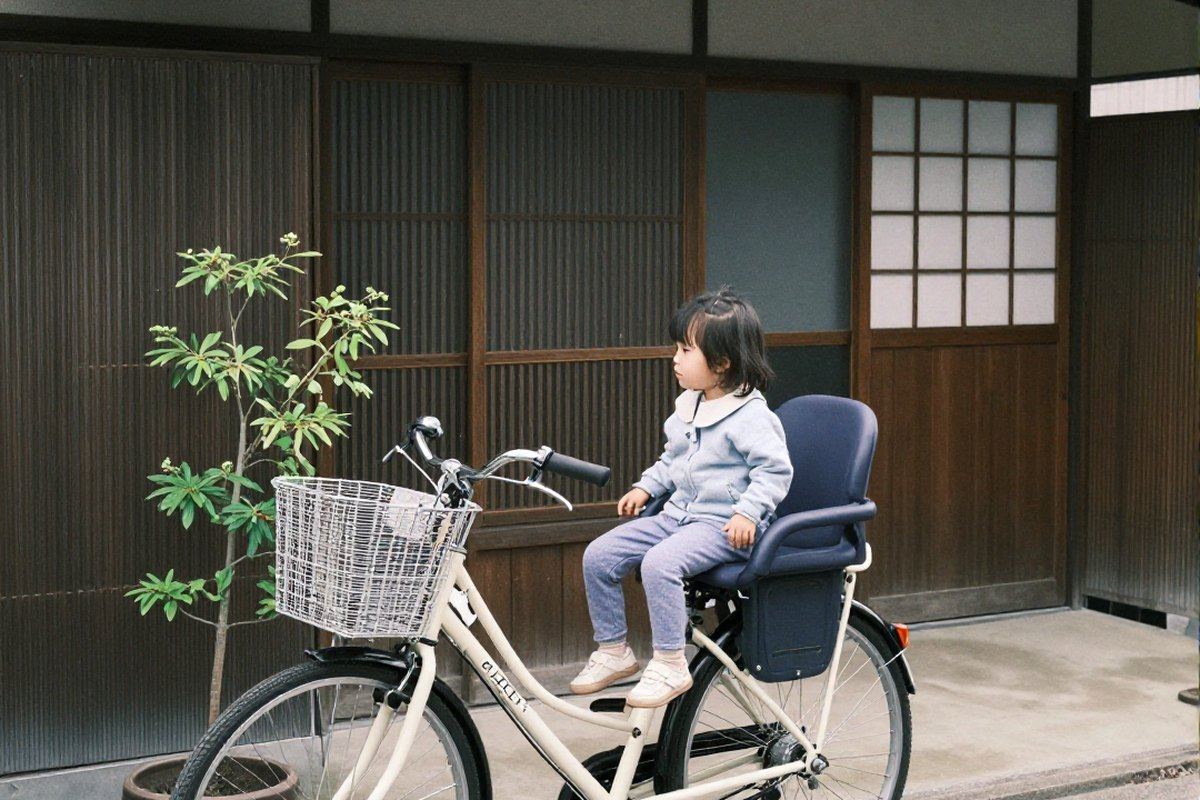 子ども乗せの付いた自転車が家の前に停めてあるところ