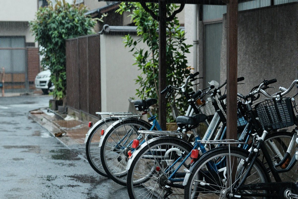雨の日の屋根付き駐輪場に停まる自転車