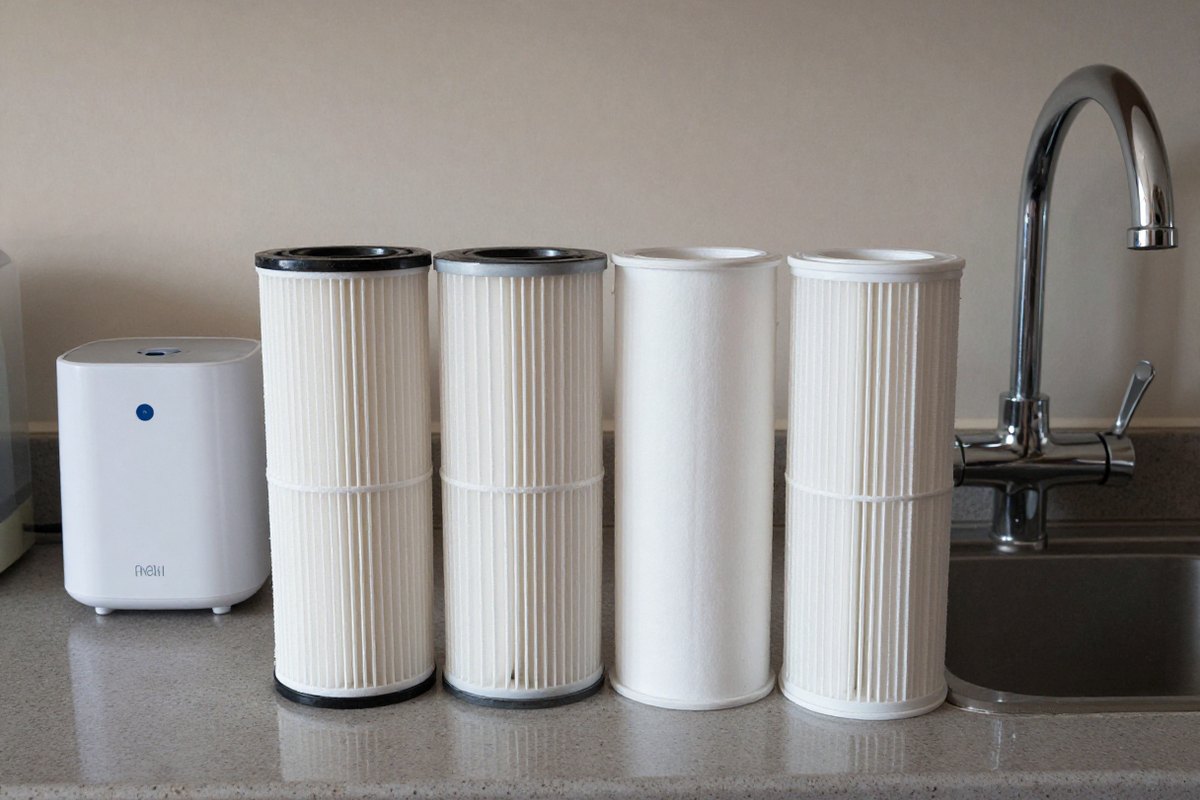 蛇口の横に並べた浄水器の交換カートリッジ4本と、外した本体